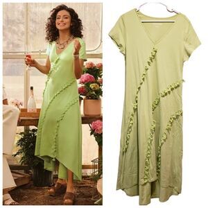 Soft Surroundings Petite S Lime Green Alana Dress with PomPom Tassels Margarita